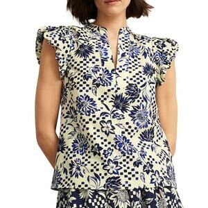 HOBBS London Rousham Top Floral Puff Sleeve Flutter V-Neck Blouse White/ Blue